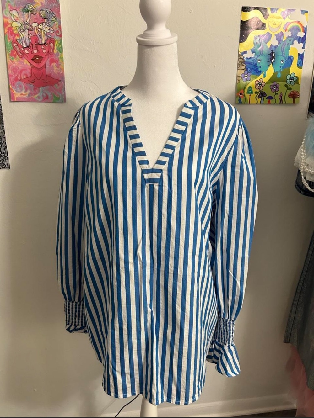 Bar III Blue and White Vertical Stripe V-Neck Tunic